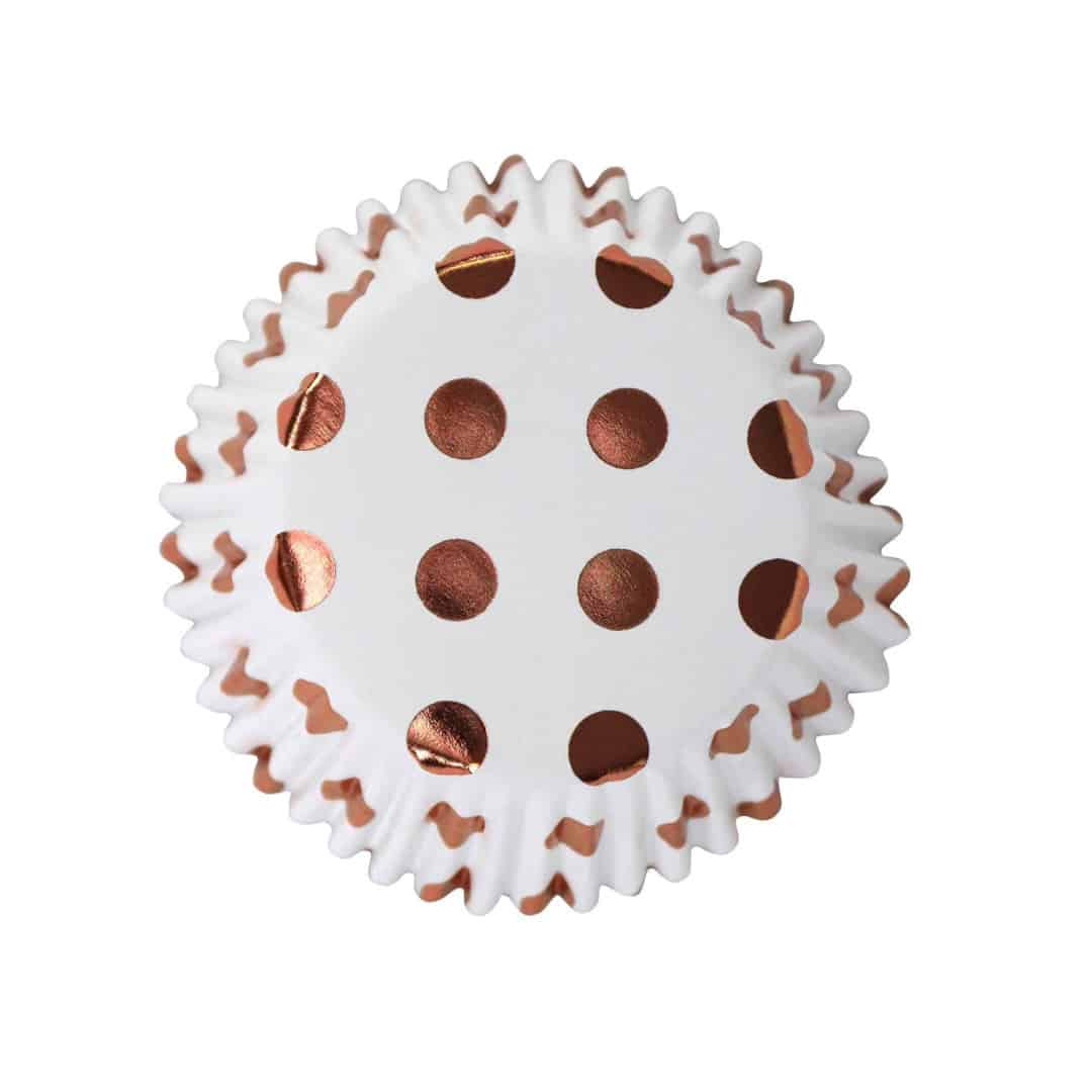 30-white-cupcake-cases-with-pink-gold polka dots