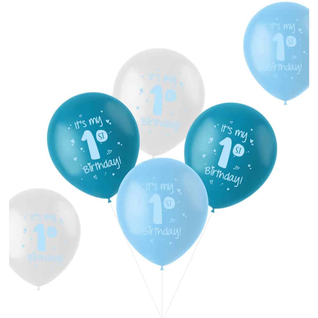 6 blue 1 year birthday balloons