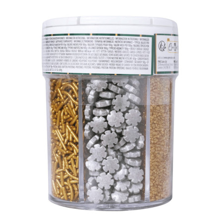 another angle of the Assortment of gold and silver sprinkles