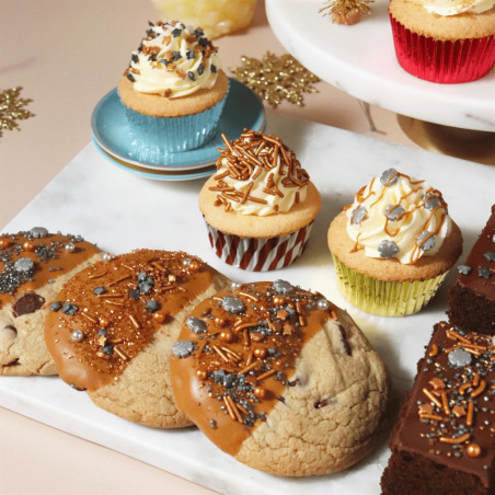 various pastries with gold and silver christmas sprinkles