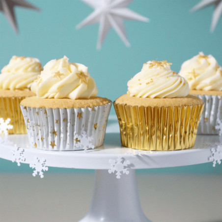 cupcake decorated with gold baking cup