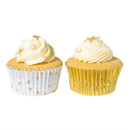 cupcake decorated with gold baking cup