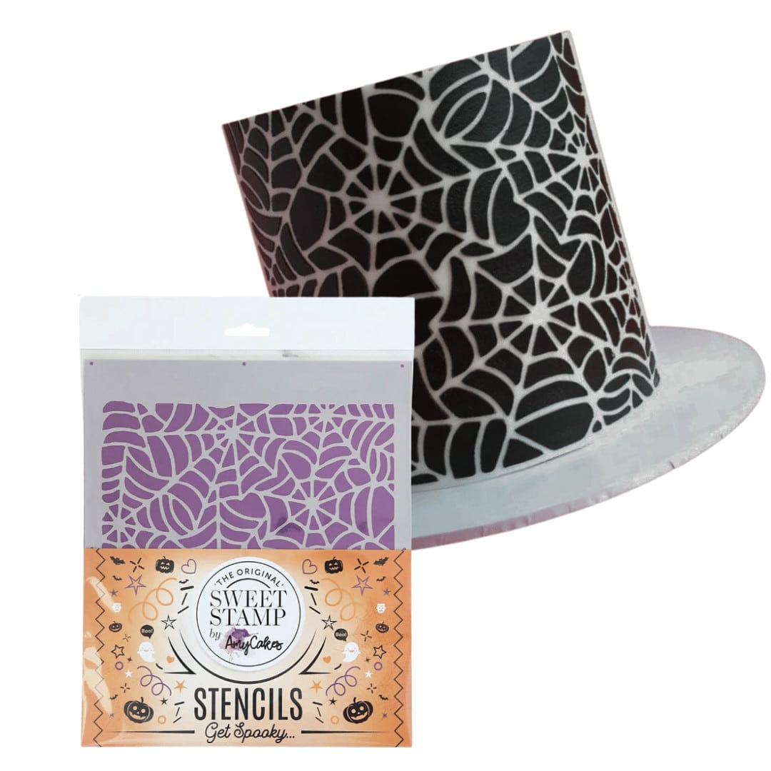 Sweet stamp spider web stencil and visualization on a layer cake