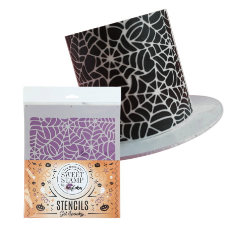 Sweet stamp spider web stencil and visualization on a layer cake