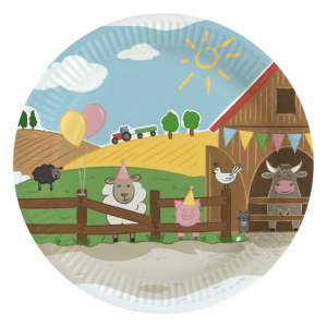 8 farm-themed paper plates 23 cm