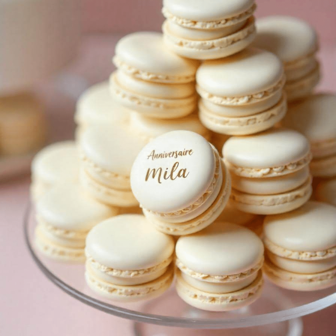 macaron shells with engraved text