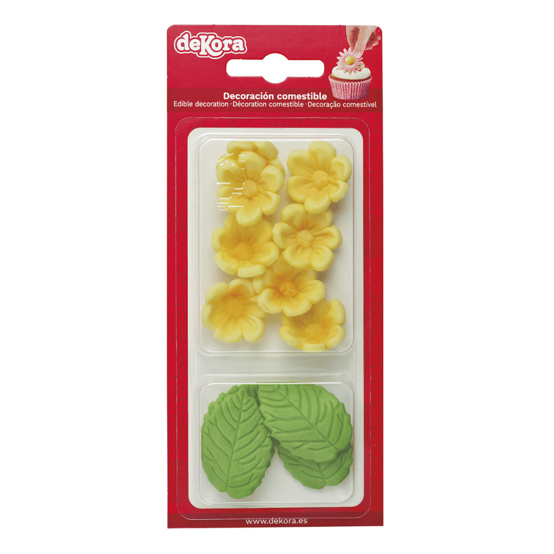 8 yellow flowers and 5 leaves