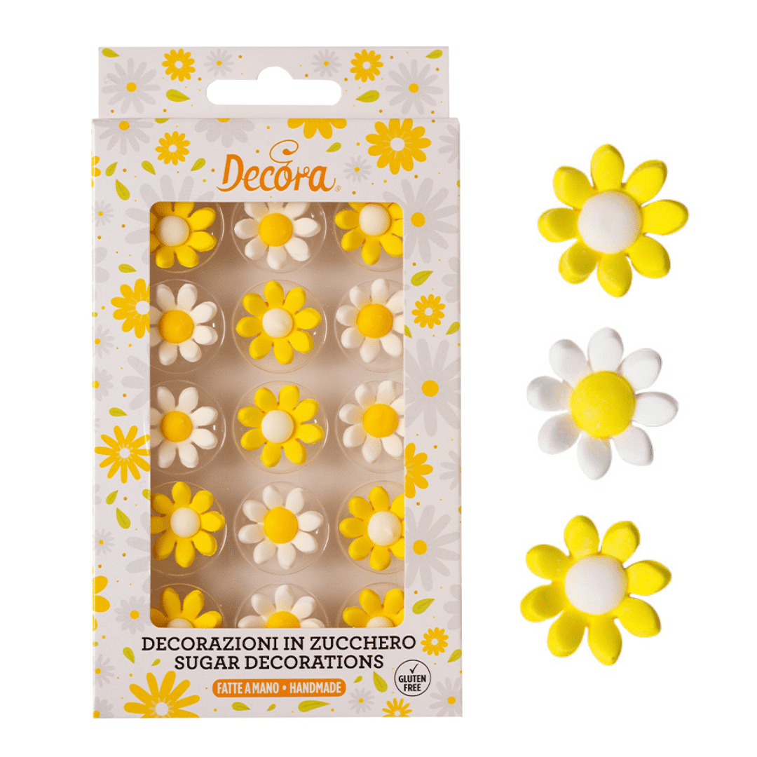 White and yellow sugar daisy and packaging