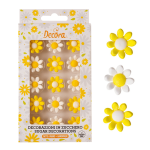White and yellow sugar daisy and packaging