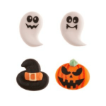 edible sugar subjects for Halloween, ghosts, pumpkins and witches