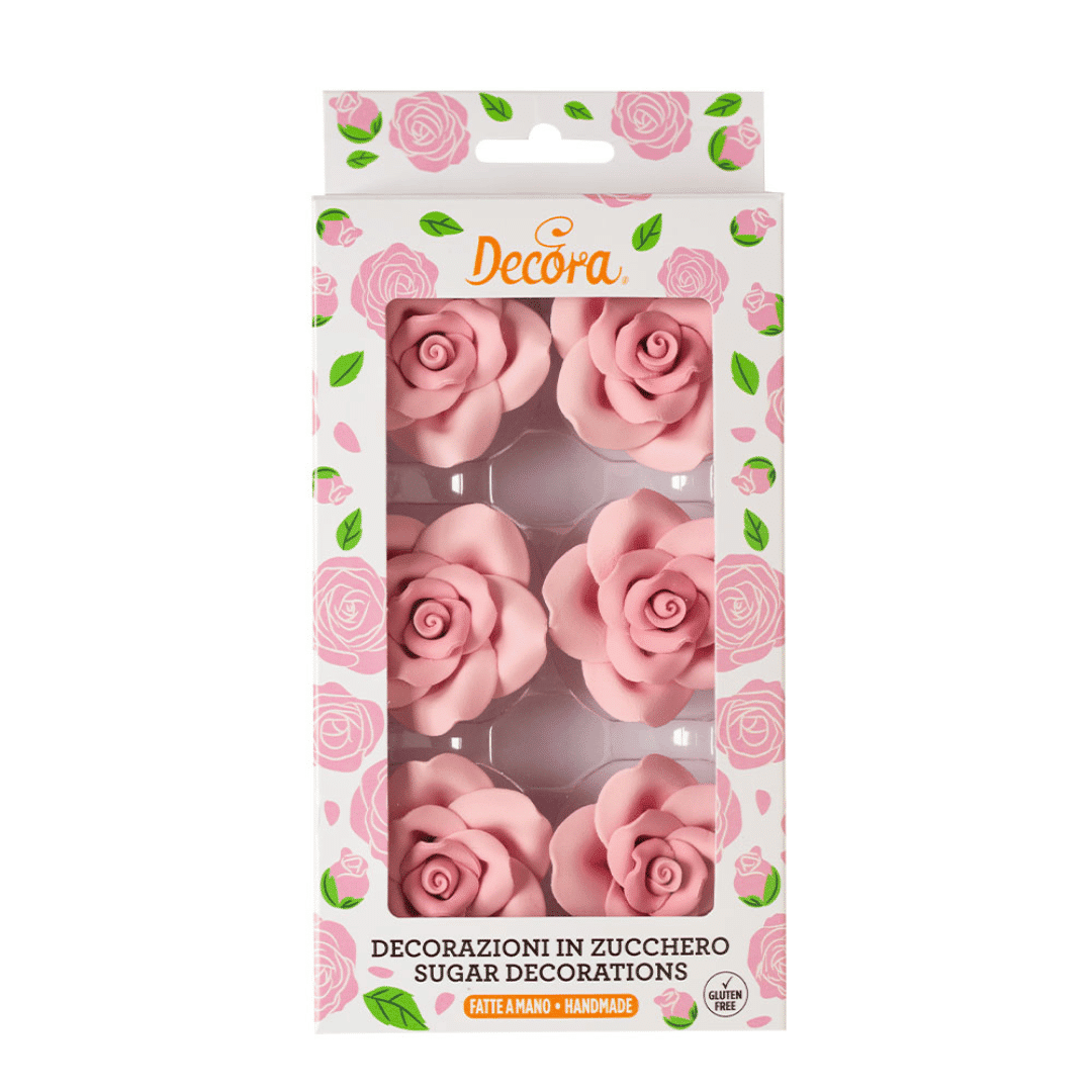 6 pink sugar roses measuring 5 cm