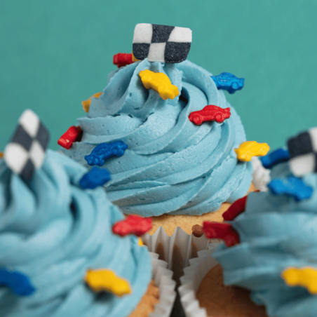 racing cars cupcake decoration with sprinkles