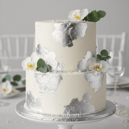cake decorated with edible silver leaf