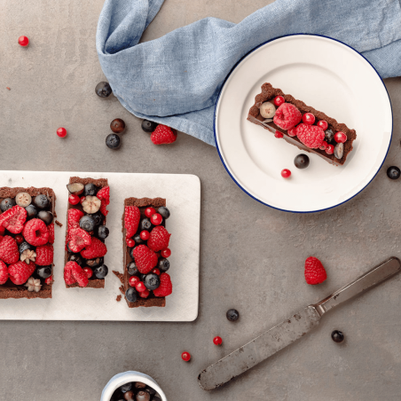 rectangular steel mold for chocolate and red fruit tart