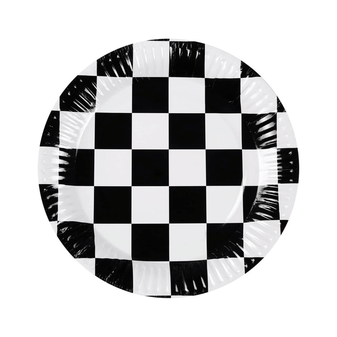 8 cardboard birthday plates with a checkered racing car design