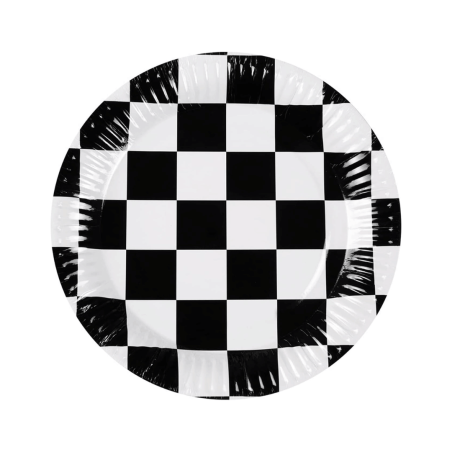 8 cardboard birthday plates with a checkered racing car design
