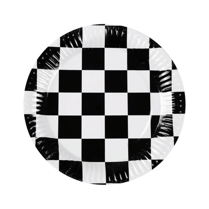 8 cardboard birthday plates with a checkered racing car design