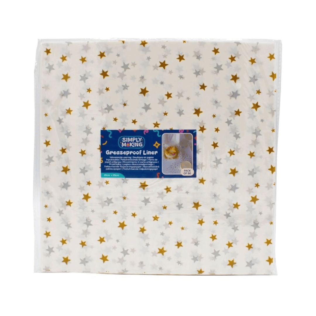 50 sheets of parchment paper for bento cakes with a gold and silver star pattern