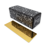 black rigid cardboard log box with a gold base