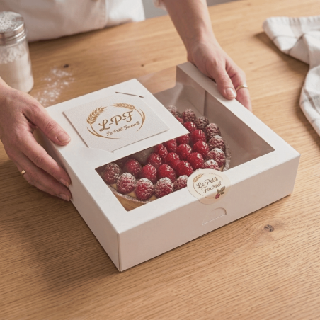White cake box with window for pastry chef with label
