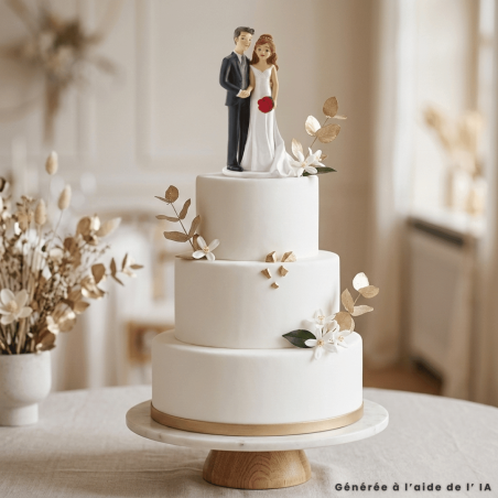 Figurine of a bride and groom with a bouquet of red roses - Height 18 cm