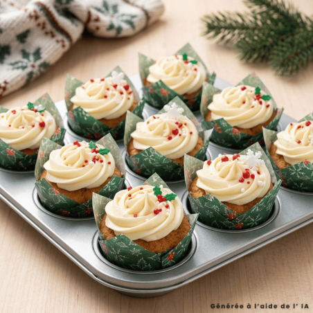 36 tulip muffin cups for Christmas with holly leaf design