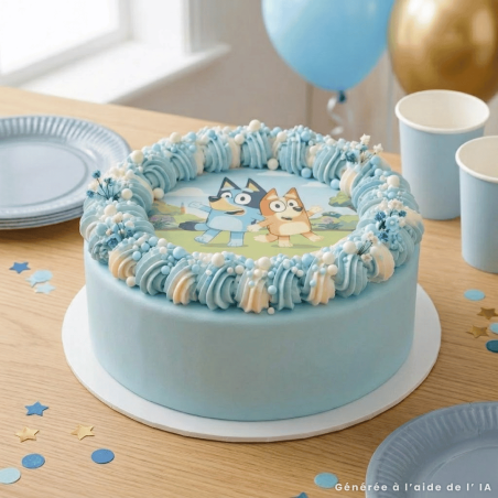 blue and white sugar pearl decorations on a bluey cake