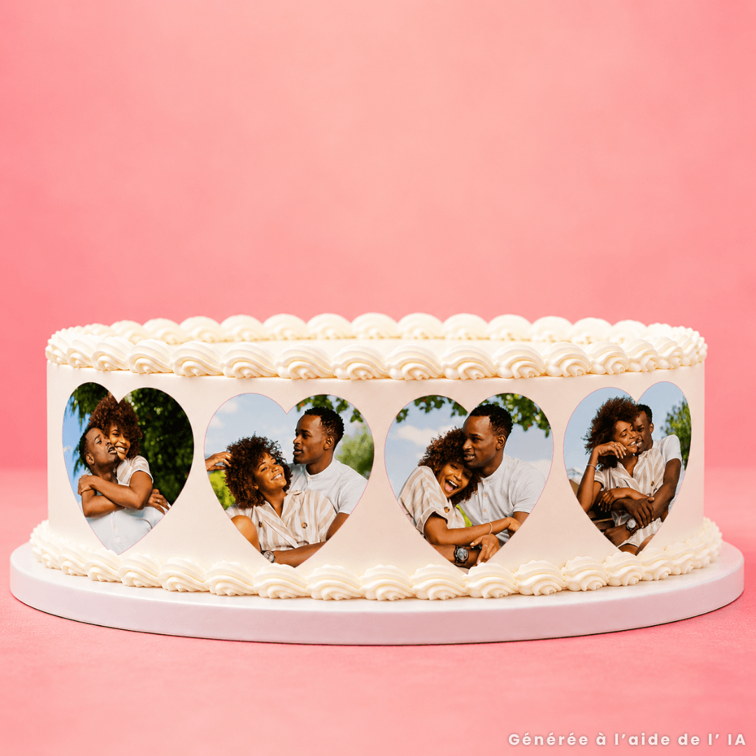 Heart-patterned cake wrap with personalised picture