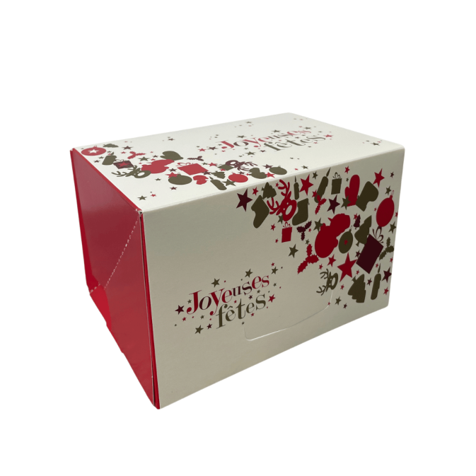 red and white mini Yule log box with ‘Happy Holidays’ written on it
