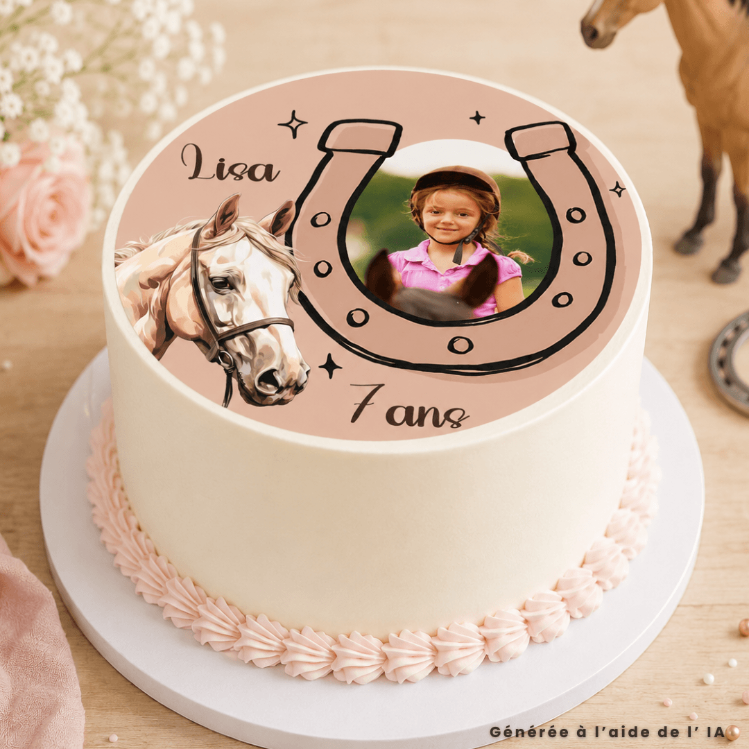 horse-themed cake design with personalized photo