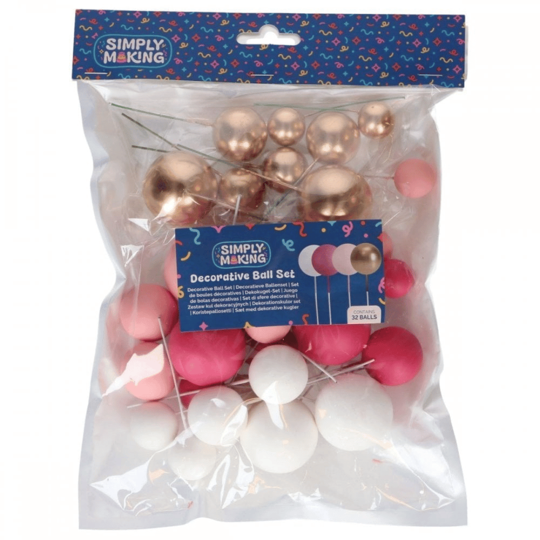 Set of 32 decorative cake balls in pink, white and gold