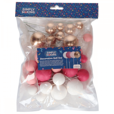 Set of 32 decorative cake balls in pink, white and gold