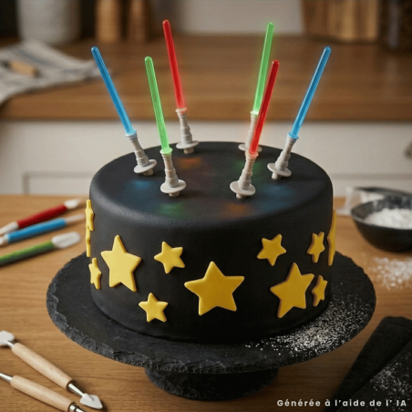 cake decorated with coloured laser swords