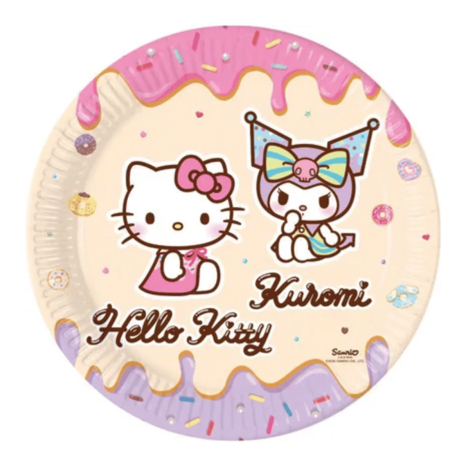 8 Hello Kitty and Kuromi cardboard plates, 23 cm