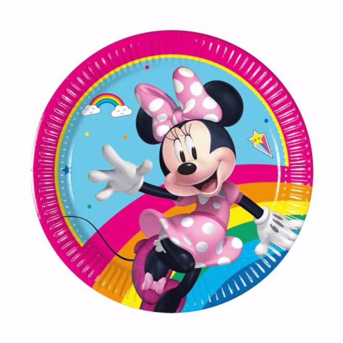 8 Minnie Mouse birthday paper plates with rainbow decoration