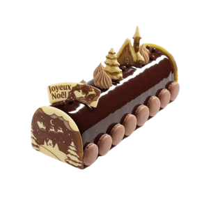2 chocolate log ends shaped like Santa's sleigh
